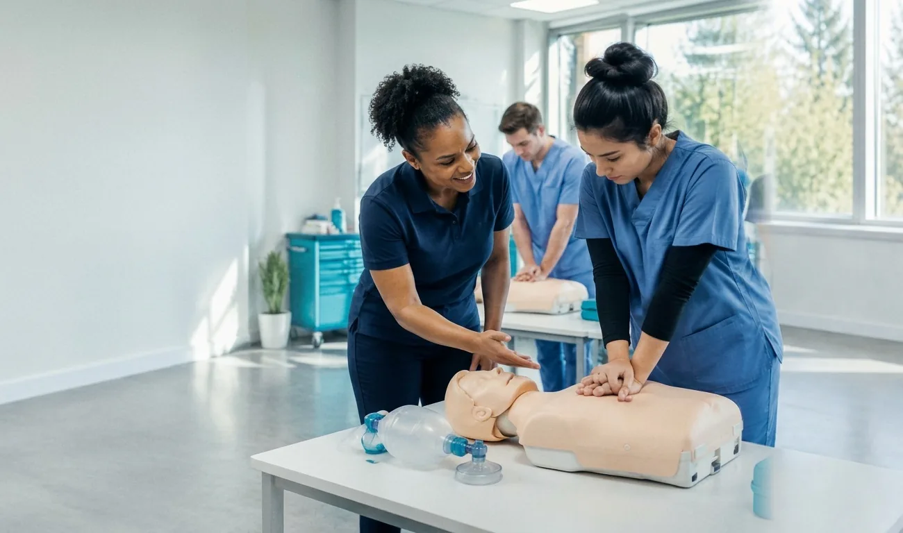 Instructor guiding healthcare professionals through hands-on CPR practice
