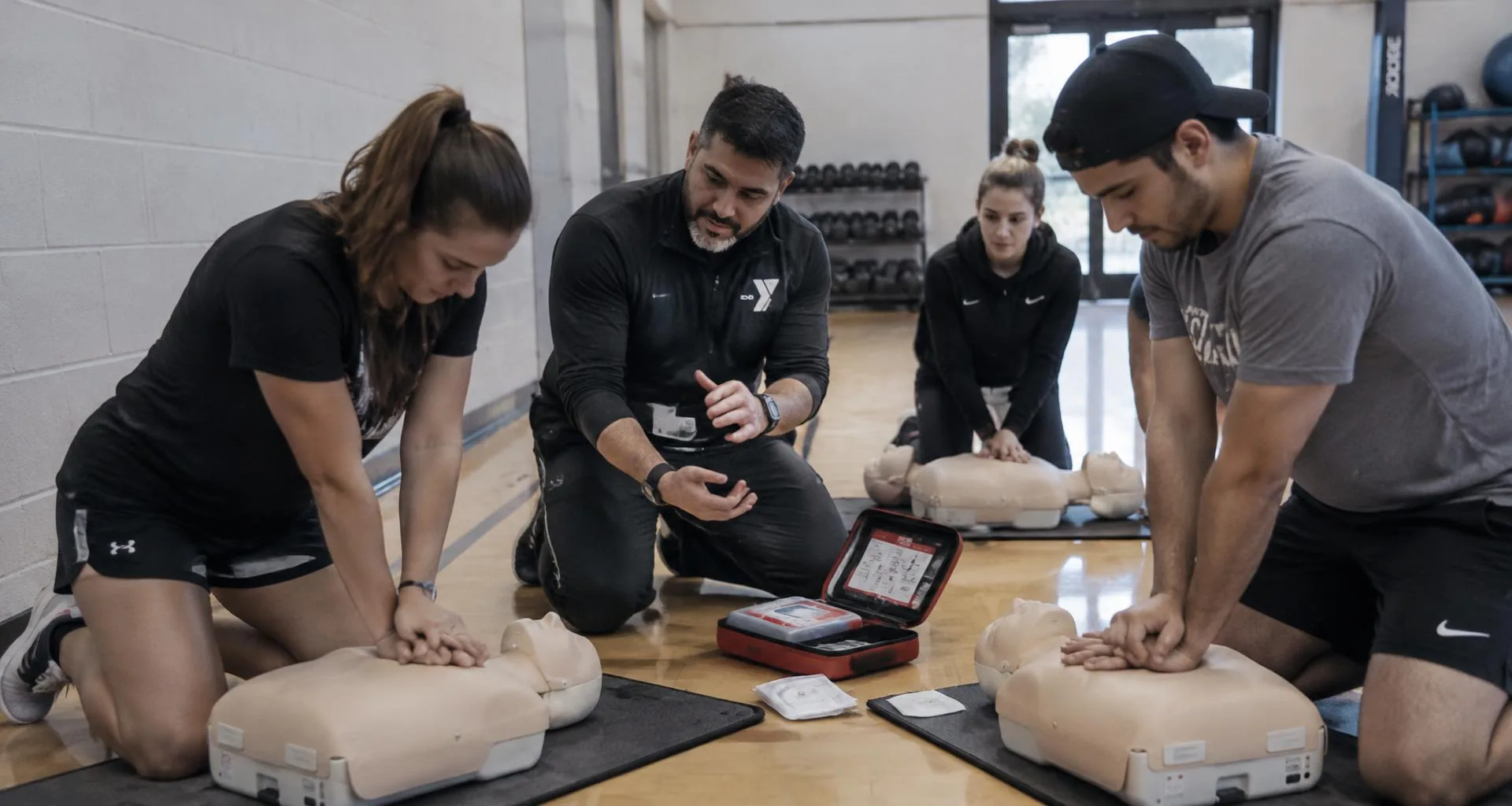 Illustrative scene of coaches and trainers practicing CPR with a training AED in a gym